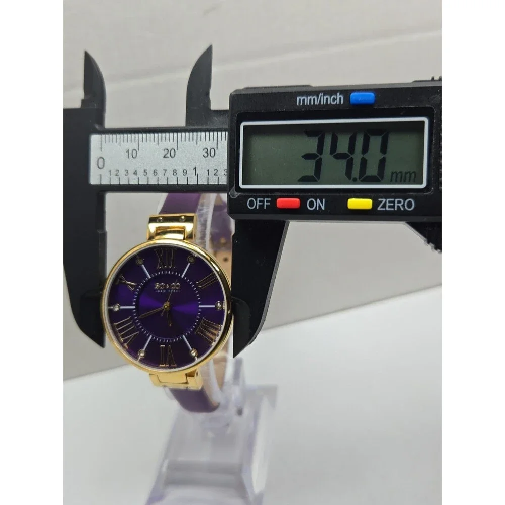 SO & CO New York Womens Studio 34mm Purple Gold Tone Leather Watch New Battery